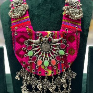 Handmade Navratri Statement Necklace for Women | Pink Fabric with Antique Silver Sun Motif Pendant & Colorful Stones | Tribal Dandiya Jewellery