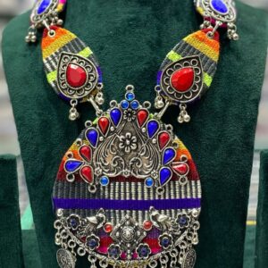 Handcrafted Oxidized Silver Necklace with Red & Blue Stones – Navratri Festival Jewellery