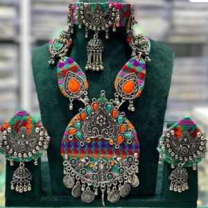 Handcrafted Oxidized Silver Jewellery Set with Colorful Stonework – Necklace, Earrings & Choker for Navratri Garba