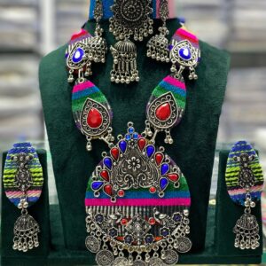 Handcrafted Oxidized Silver Jewellery Set with Red & Blue Stones – Navratri Necklace, Earrings & Choker
