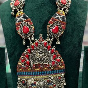 Handcrafted Oxidized Silver Necklace with Red Stones – Navratri & Festival Jewellery
