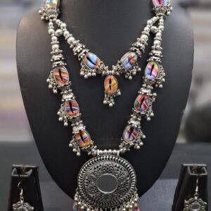 Boho Tribal Jewellery Set for Women | Double-Layer Oxidized Silver Necklace with Multicolor Cowrie Beads & Earrings | Navratri/Garba Statement Set