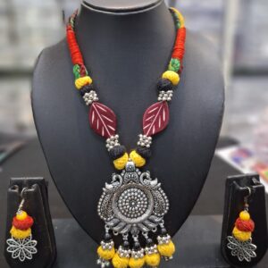 Handcrafted Cotton Thread Jewellery Set | Oxidized Silver Pendant with Yellow-Red Yarn & Earrings | Tribal Boho Necklace for Navratri/Garba