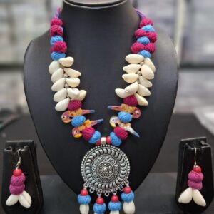 Handcrafted Cowrie Shell Necklace Set | Oxidized Silver Pendant with Colorful Yarn & Bird Motifs | Tribal Boho Jewellery for Navratri & Garba