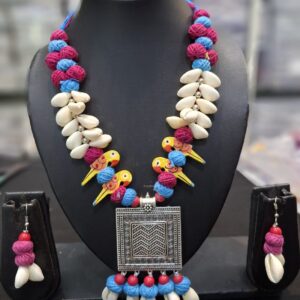 Handcrafted Parrot Cowrie Necklace Set | Tribal Oxidized Square Pendant with Yarn Beads | Ethnic Boho Jewellery for Navratri, Garba & Festivals