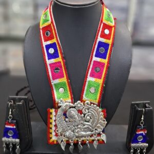 Handcrafted Gujarati Mirror Work Necklace Set | Oxidized Silver Ganeshji Pendant with Embroidered Band | Ethnic Navratri Jewellery