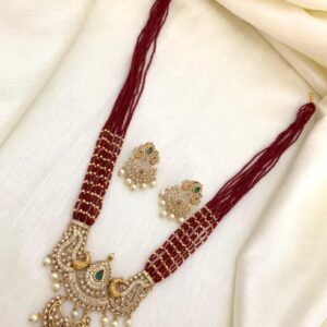 Royal Beaded Mala Necklace Set with Peacock Motif Pendant & Earrings