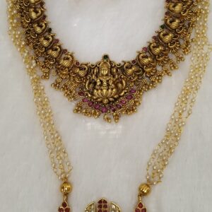 Traditional Temple Lakshmi Choker Necklace Set with Shankh Chakra Namam Beaded Mala and Earrings for Women
