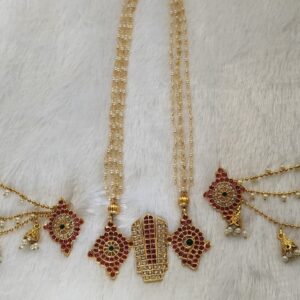 Traditional Shankh Chakra Namam Pendant Mala with Jhumka Ear Chains