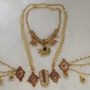 Guttapusalu Short Necklace with Shankh Chakra Namam Long Mala & Jhumka Ear/Hair Chains