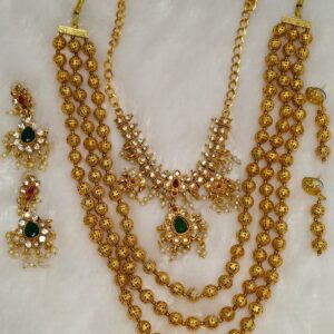3-Layer Gold Ball Mala with Guttapusalu Necklace & Matching Earrings – Traditional Temple Jewellery Combo Set