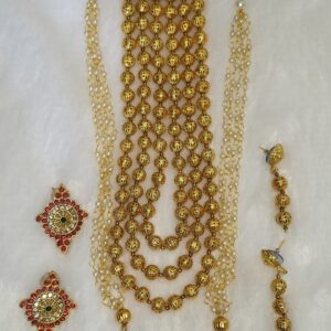 Long Shankh Chakra Namam Pendant Mala with 3-Layer Gold Ball Mala & Matching Earrings
