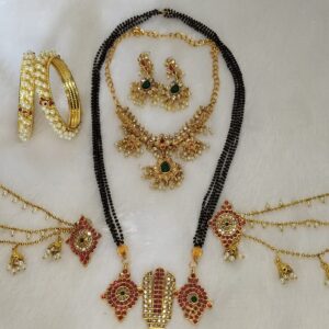 Traditional Combo Set – Shankh Chakra Namam Mangalsutra, Guttapusalu Necklace, Matching Earrings, Pearl Bangles & Ear Chains