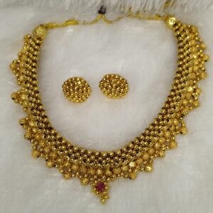 Maharashtrian Thushi Necklace Set for Women | Layered Gold-Plated Beaded Choker with Pink Stone & Stud Earrings | Traditional Jewellery for Weddings & Festivals