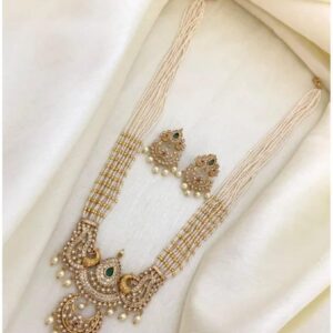 Traditional Multi-Strand Pearl Mala Necklace Set with Peacock Design Pendant & Earrings