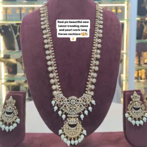 Exquisite CZ Stone and Pearl Work Long Necklace Set - Ethnic Temple Jewelry with Intricate Design and Matching Earrings