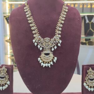 Exquisite CZ Stone and Pearl Work Short Necklace Set - Ethnic Temple Jewelry with Intricate Pendant and Matching Earrings