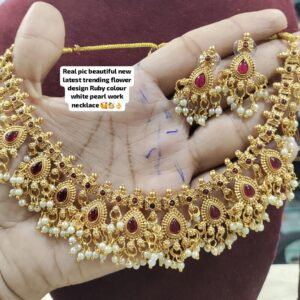 Exquisite Ruby Color Stone and White Pearl Choker Set - Traditional Temple Jewelry with Intricate Floral Design