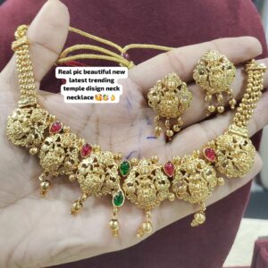 Traditional Lakshmi Temple Choker Set - Handcrafted Matte Gold Finish Necklace with Ruby, Emerald Stones and Earrings