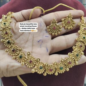 Latest Trending Daily Wear Flower Design Choker Necklace Set with Multi-Color Stones and Antique Gold Finish