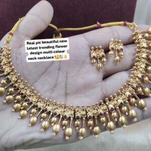 Latest Trending Multi-Color Stone and Gold Bead Choker Necklace Set