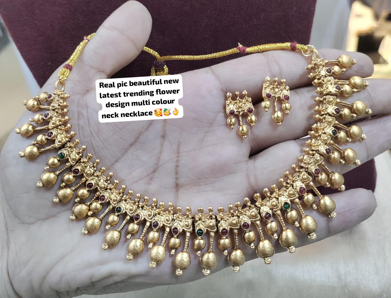 Latest Trending Multi-Color Stone and Gold Bead Choker Necklace Set