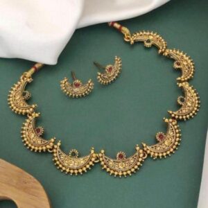 Traditional Chandbali Style Temple Necklace Set with Ruby and Emerald Stones