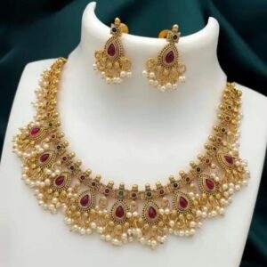 Latest Multi-Color Stone and Pearl Choker Necklace Set - Trending Floral Design with Antique Finish & Matching Earrings