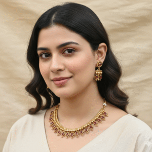 South Indian Traditional Choker Necklace Set with Ruby-Red Stones and Matching Dangler Earrings for Women