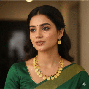 Elegant Temple Jewelry Style Gold-Plated Coin Choker Necklace Set with Green & Red Stone