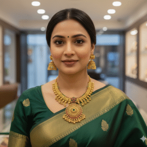 Imitation Matte Gold Finish Ruby Stone Choker Necklace with Large Pendant and Bell Earrings | Royal Traditional Set