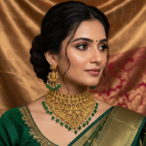 Intricate Lakshmi Engraved Matte Finish Choker Set with Green Emerald Bead Drops