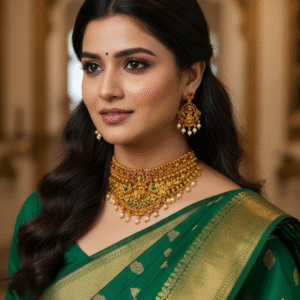 Traditional Matte Finish Temple Jewellery Choker Necklace Set with Kemp Ruby Emerald Stones and Jhumka Earrings for Women