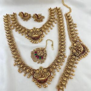 Lakshmi Temple Jewelry Bridal Set with Kamarpatta – Antique Matte Gold Combo Set for Women