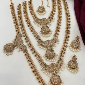 Antique Gold 3-Layer Bridal Necklace Combo Set with Pearl Drops, Kamarpatta, Earrings & Maang Tikka – Traditional South Indian Wedding Jewelry