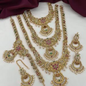 Bridal 3-Layer Necklace Temple Jewelry Combo Set with Earrings, Maang Tikka & Kamarpatta – South Indian Wedding Set