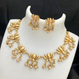 Ethnic Lotus Motif Necklace and Earring Set - Handcrafted Matte Gold Plated Temple Jewelry for Festive and Wedding Wear