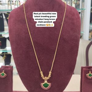 Latest Design Green Kemp Stone Minakari Long Chain Pendant Necklace and Earrings Set