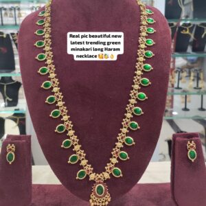 Antique South Indian Green Minakari Long Haram Necklace Set