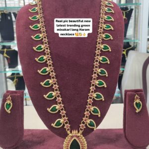 Traditional Green Minakari Long Haram Necklace Set for Women