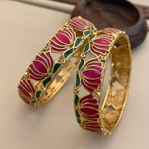 Lotus Design Enamel Bangles for Women – Meenakari Pink & Green Floral Kada