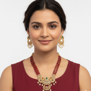 Multi-Strand Ruby Beads & Kempu Stone Necklace Set with Matching Pearl Earrings for Women