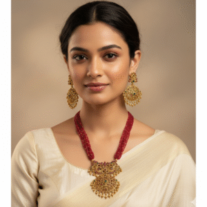 Traditional Antique Temple Jewellery Set with Multi-Strand Ruby Beads and Kemp Stone Earrings for Women