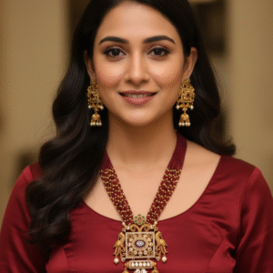 Regal Red Beaded Temple Necklace Set with Antique Peacock Pendant & Jhumka Earrings