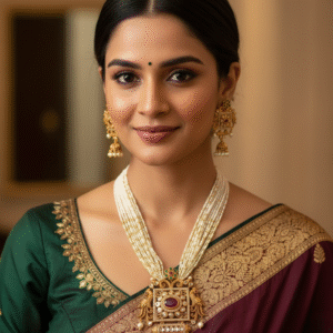 Multi-Strand White Pearl Necklace Set with Kemp Stone Pendant and Jhumka Earrings for Women