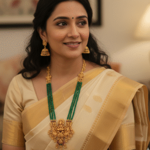 South Indian Temple Jewellery Necklace Set with Green Beads, Lakshmi Pendant & Jhumka Earrings for Women