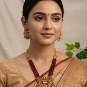 South Indian Temple Jewellery Necklace Set with Maroon Beads, Lakshmi Pendant & Earrings for Women