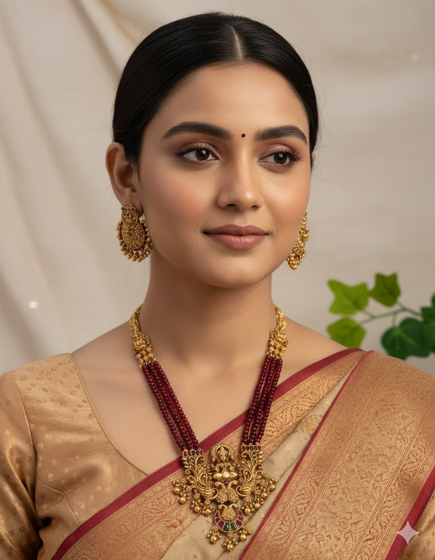 South Indian Temple Jewellery Necklace Set with Maroon Beads, Lakshmi Pendant & Earrings for Women