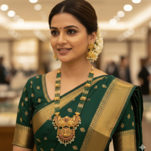 Traditional Green South Indian Temple Necklace Set with Goddess Lakshmi Pendant and Elephant Side Chain