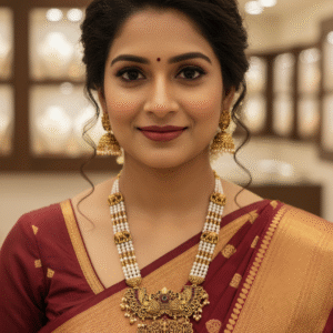 Traditional South Indian Antique Finish White Pearl Necklace Set with Goddess Lakshmi Pendant & Elephant Motifs | Temple Jewelry for Women